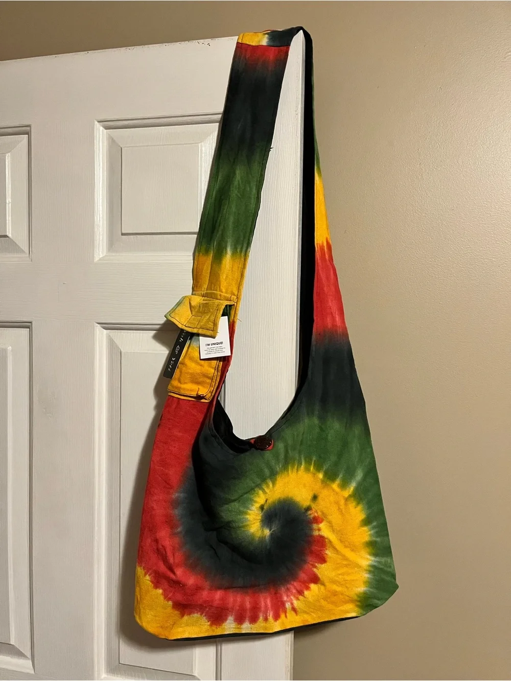 Yak & Yeti Tie-Dye Spiral Hobo Crossbody Bag in Red, Yellow & Green